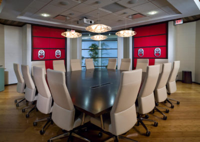 Modern boardroom for Kazar's Electric, featuring an oval table for collaborative meetings.