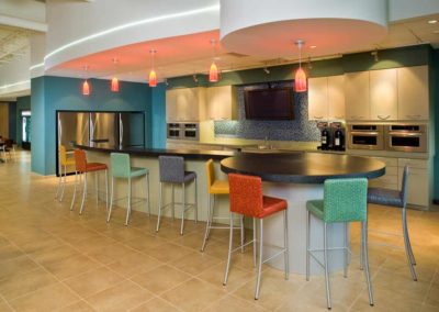 Modern kitchen bar with colorful stools and sleek appliances, showcasing Kazar’s Electric's innovative installations.