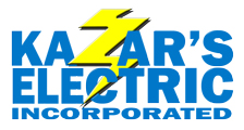 Kazar's Electric logo featuring bold blue text and a yellow lightning bolt, representing electrical services and safety standards.