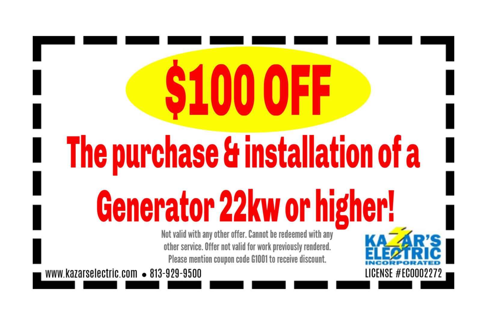 Promotional image for Kazar’s Electric, offering 0 OFF generator installation (22kw or higher) with coupon G1001.