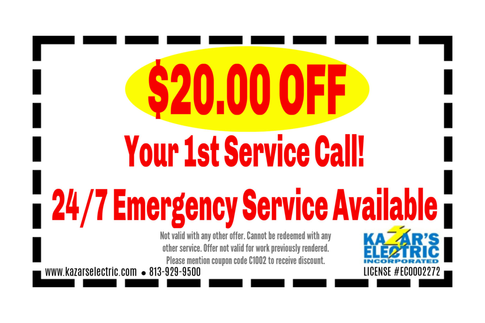 Promotional image for Kazar’s Electric offering  off first service call, emphasizing 24/7 emergency electrical services.