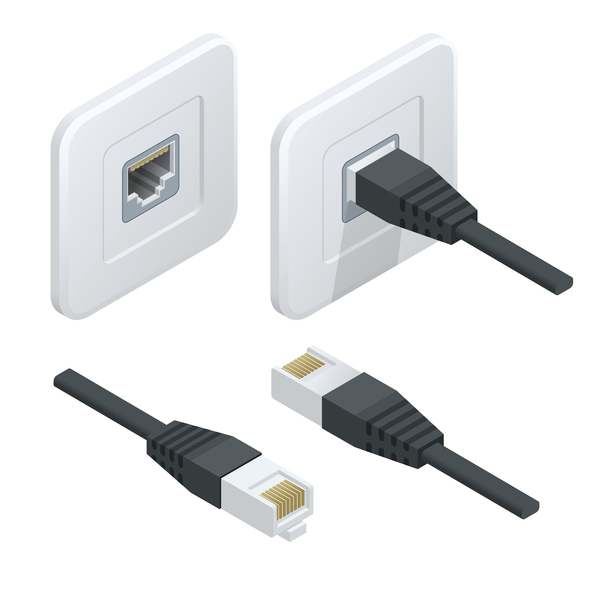 Data jacks and Cat5/Cat6 Ethernet cables illustrating data cabling services for LAN networks.