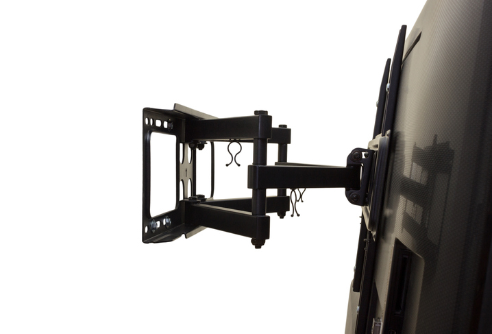 Wall-mounted TV bracket showcasing adjustable arm for recessed installation, relevant to Kazar's Electric services for managing wiring and enhancing TV setups.