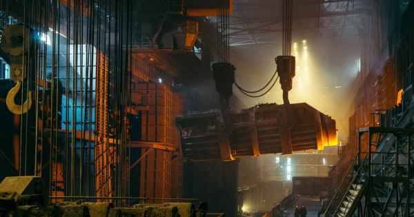 Industrial lighting in a manufacturing facility with cranes lifting heavy materials, showcasing the importance of effective lighting for safety and efficiency in industrial settings.