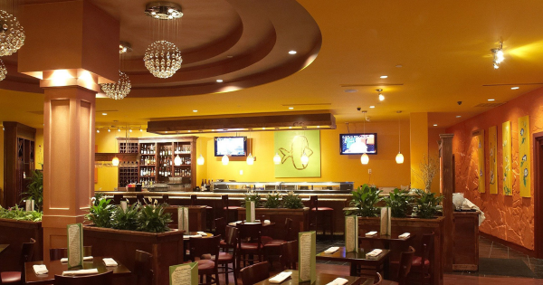 Restaurant interior with vibrant yellow walls, wooden furniture, and decorative plants, emphasizing the importance of reliable electrical services for restaurant operations.