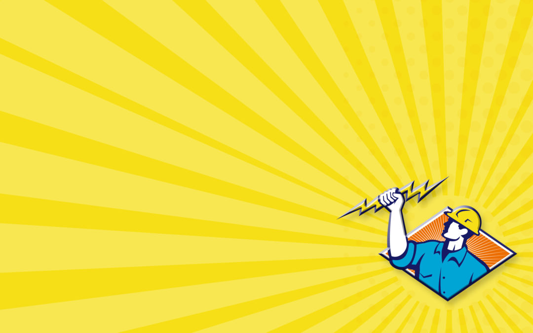 Electrician holding lightning bolt graphic with yellow rays background, representing emergency electrical services by Kazar's Electric.