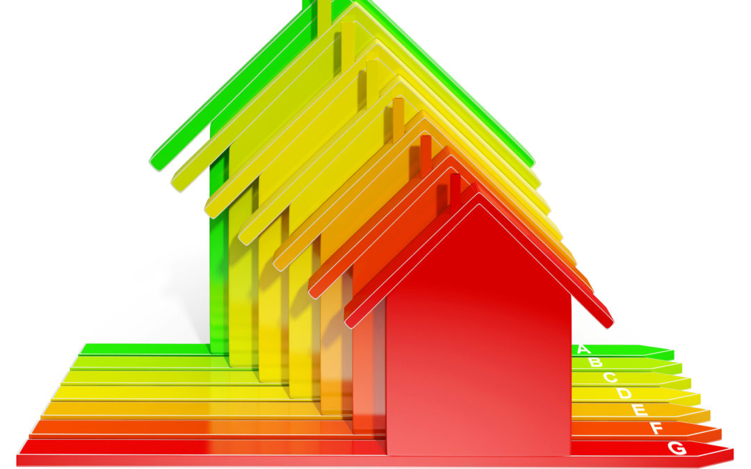 Colorful energy efficiency rating scale with house shapes, illustrating energy-saving techniques for residential services.