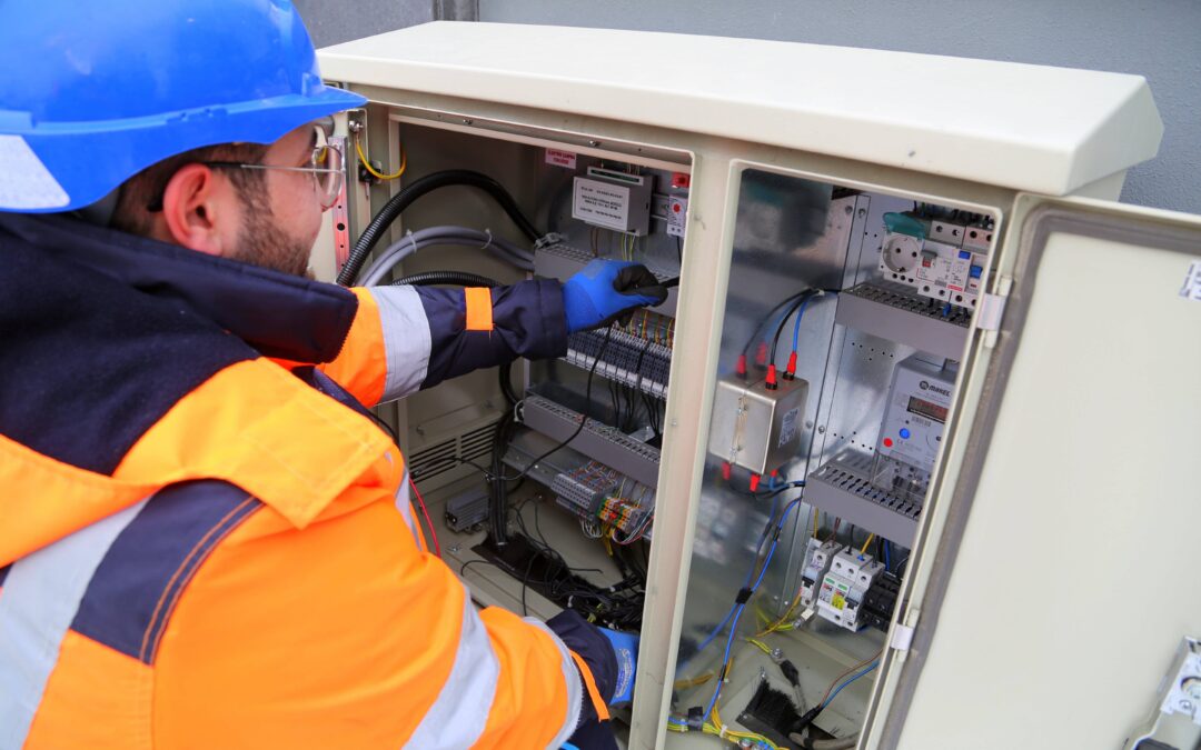 Certified electrician working on electrical panel, demonstrating expertise in complex electrical systems and safety compliance.