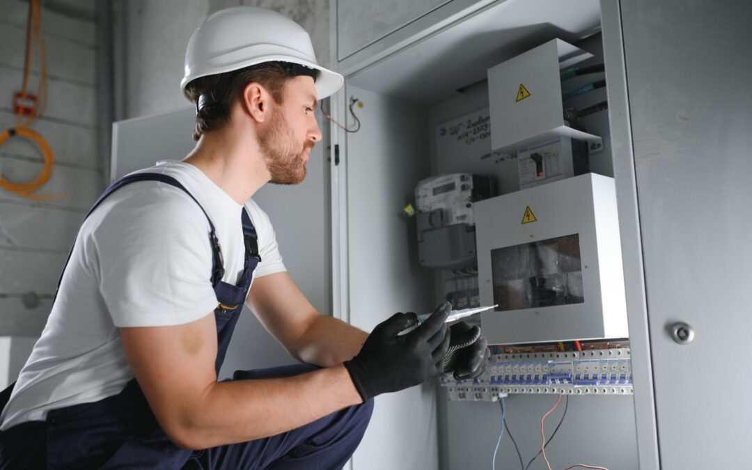 Electrician analyzing electrical control panel in industrial setting, highlighting Kazar's Electric's professional services.