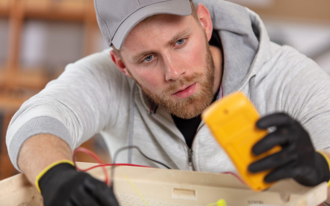 Electrician using a multimeter to check electrical connections, demonstrating expertise in emergency electrical services for Kazar's Electric.