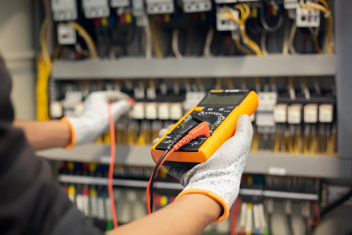 Electrician using a multimeter to test electrical circuits in a residential panel, emphasizing professional electrical service and upgrades.